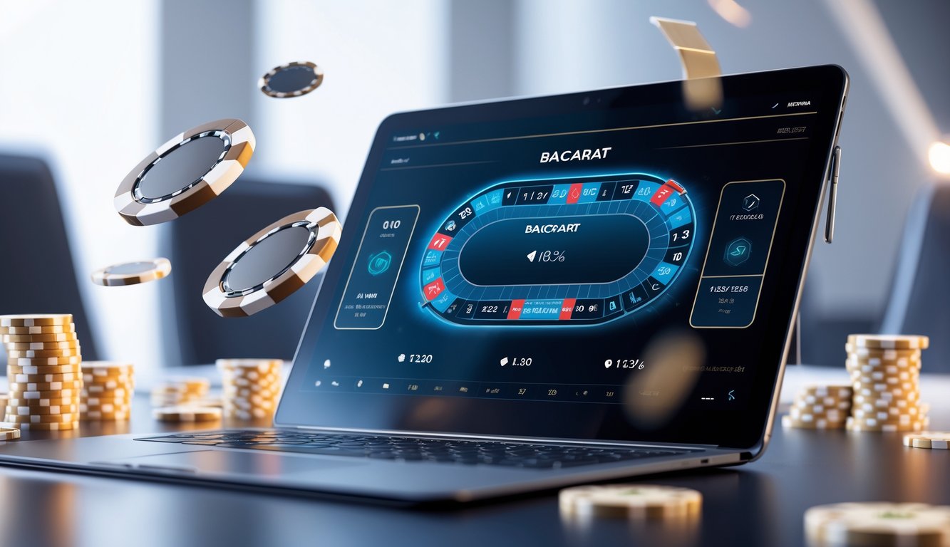 Seseorang menggunakan laptop dengan tampilan permainan baccarat online di layar dalam suasana yang modern dan profesional.