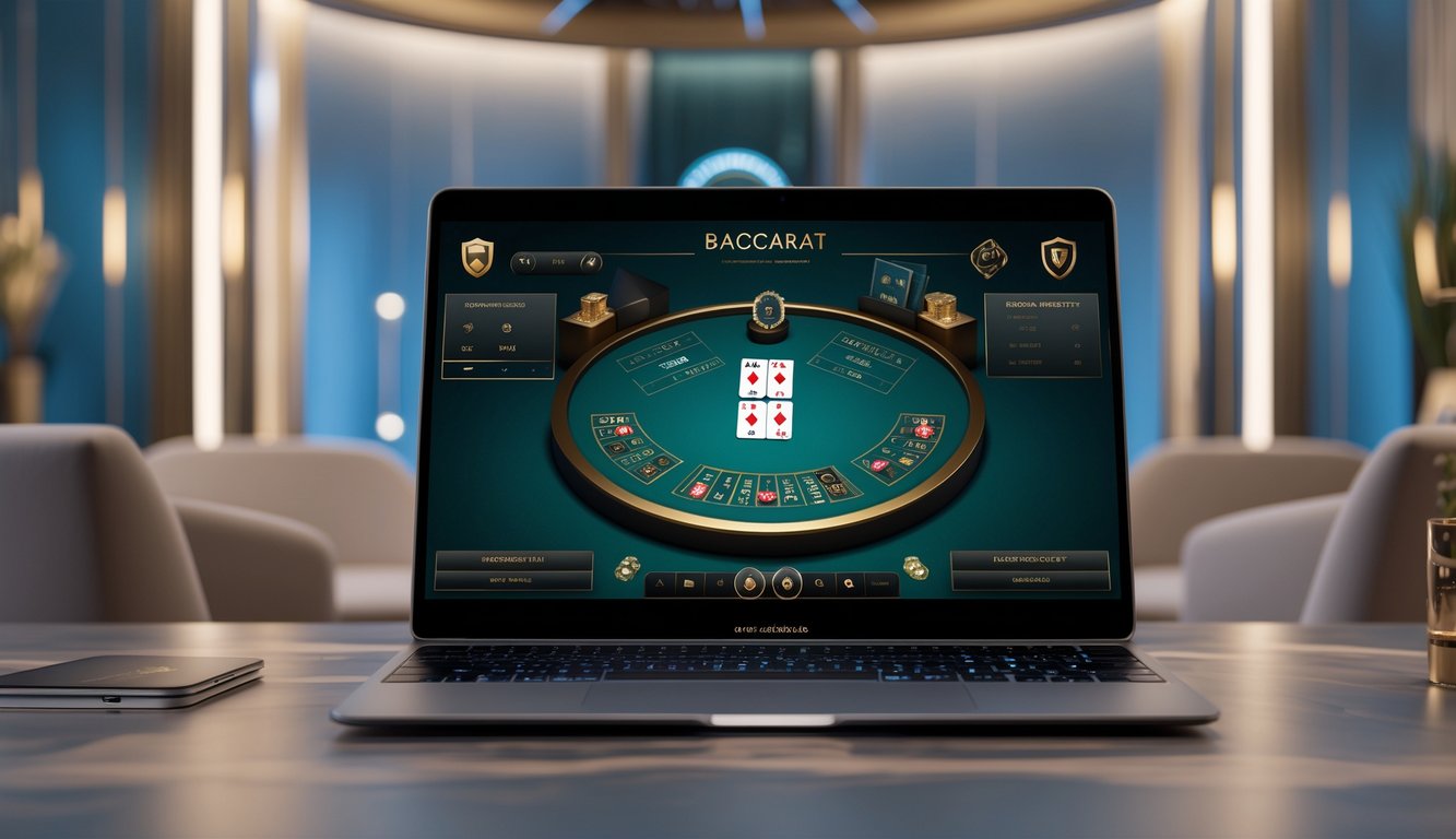 Seseorang menggunakan laptop dengan tampilan permainan baccarat online di layar dalam suasana ruangan modern dan profesional.