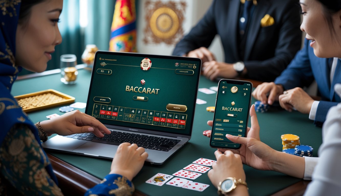 Sejumlah pemain Indonesia sedang bermain baccarat online menggunakan laptop dan ponsel di meja dengan dekorasi tradisional kecil di latar belakang.