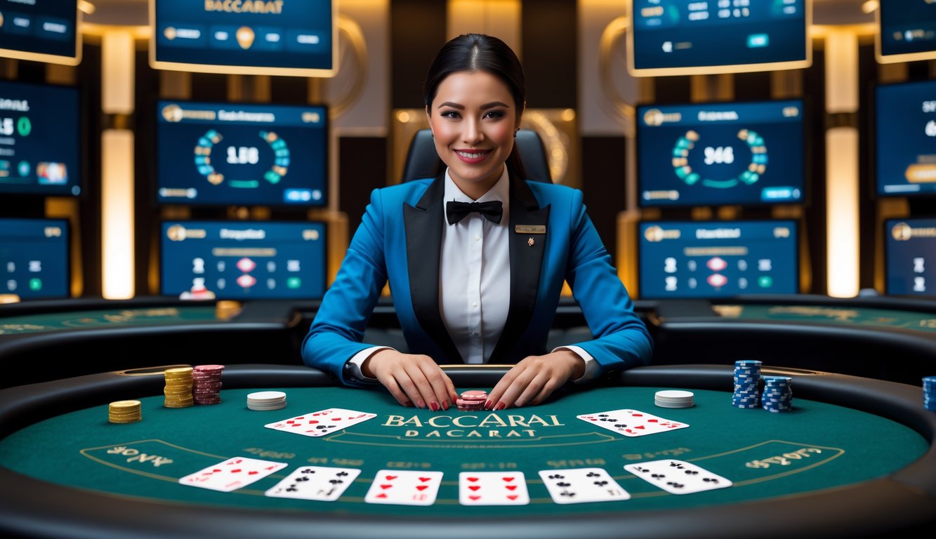 Seorang dealer profesional di meja baccarat dengan kartu dan chip, dikelilingi layar menampilkan permainan baccarat online.