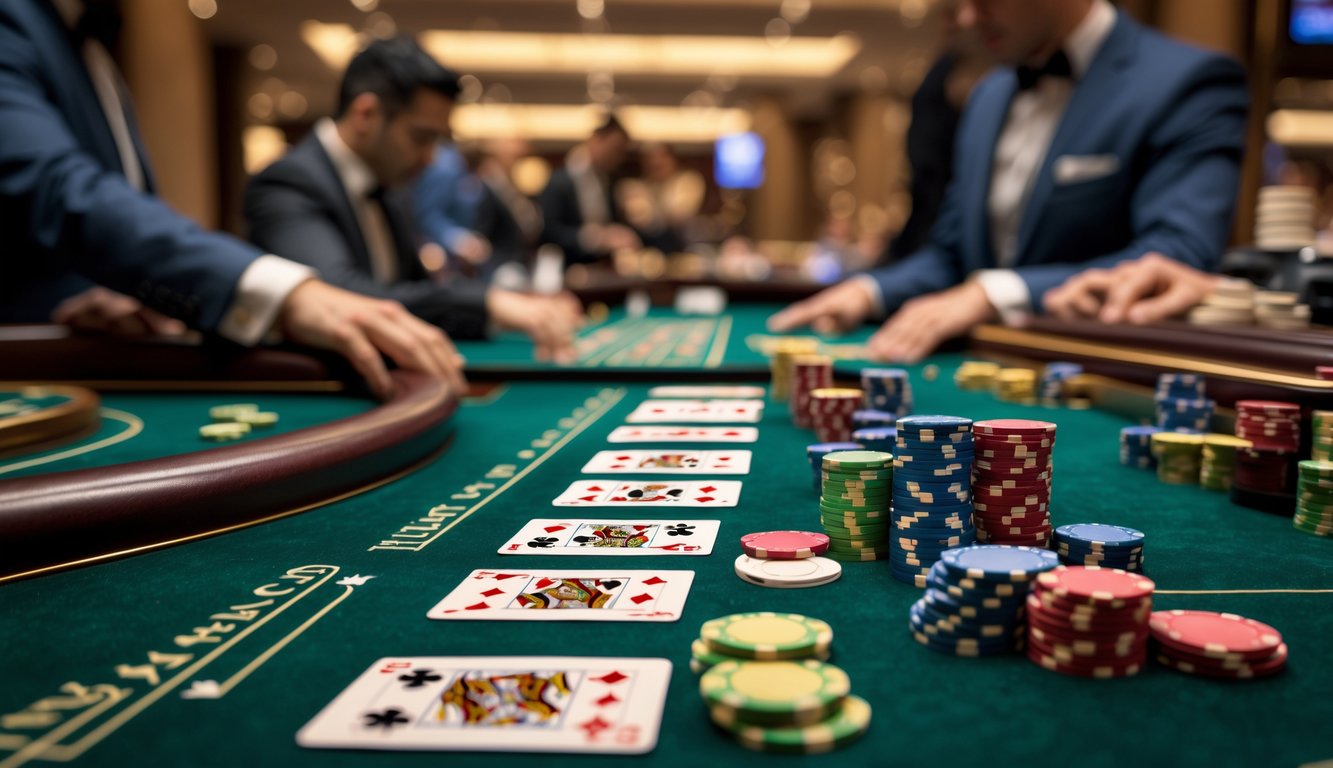 Meja permainan baccarat dengan kartu dan chip di kasino mewah, pemain fokus bermain.