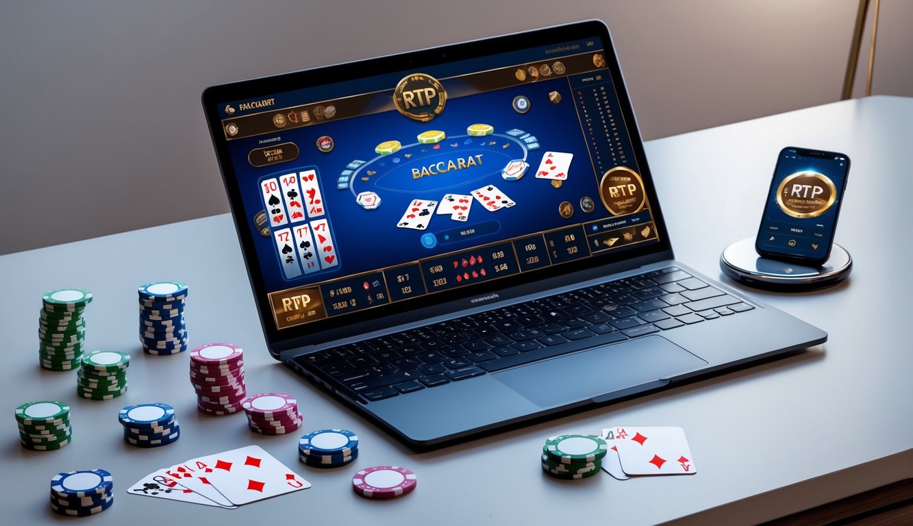 Seorang pria menggunakan laptop dengan permainan baccarat online di layar, di atas meja terdapat chip poker dan kartu remi.