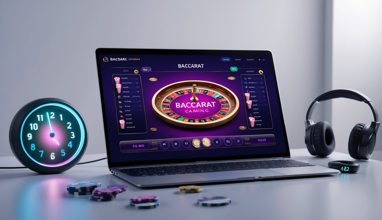 Sebuah meja dengan komputer menampilkan permainan baccarat online, dilengkapi dengan simbol layanan pelanggan dan jam digital yang menunjukkan layanan 24 jam.