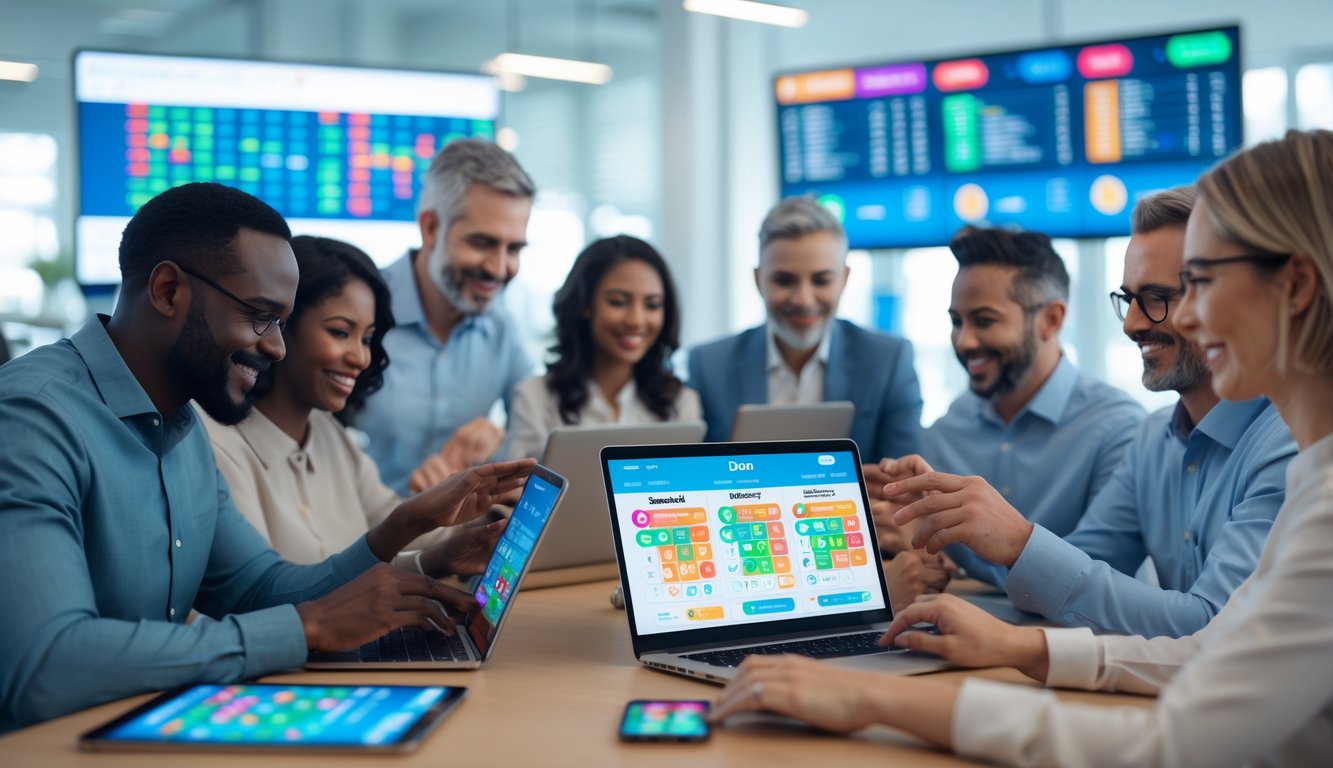 Orang-orang menggunakan perangkat digital di ruang kantor modern dengan layar menampilkan angka dan grafik lotre.