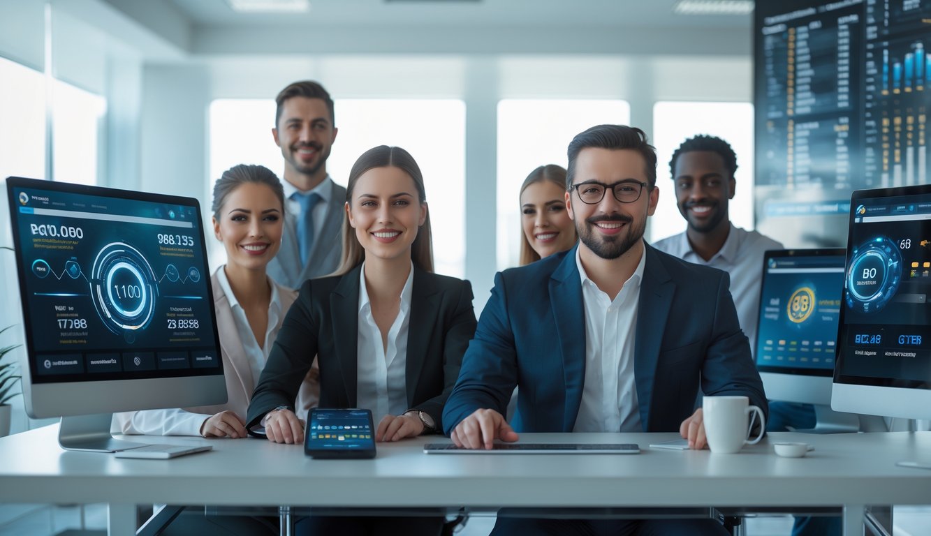 Sekelompok orang profesional bekerja di kantor modern dengan komputer yang menampilkan data dan grafik terkait lotere online.