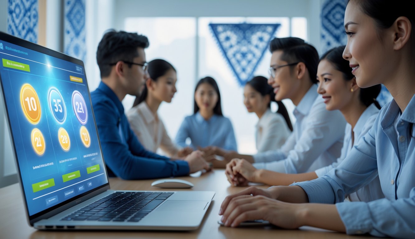 Orang-orang bekerja bersama di kantor modern dengan komputer yang menampilkan antarmuka angka dan grafik, menggambarkan sistem permainan yang adil.