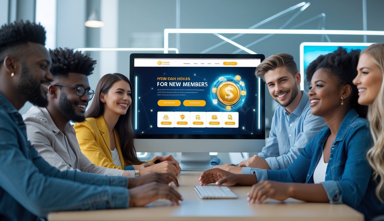 Sekelompok orang muda yang percaya diri sedang melihat layar komputer dengan antarmuka situs togel online di sebuah kantor modern.