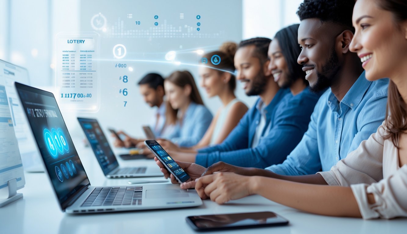 Sekelompok orang menggunakan laptop dan ponsel pintar dalam suasana modern yang terang, menunjukkan aktivitas taruhan online dengan elemen digital di sekitar mereka.