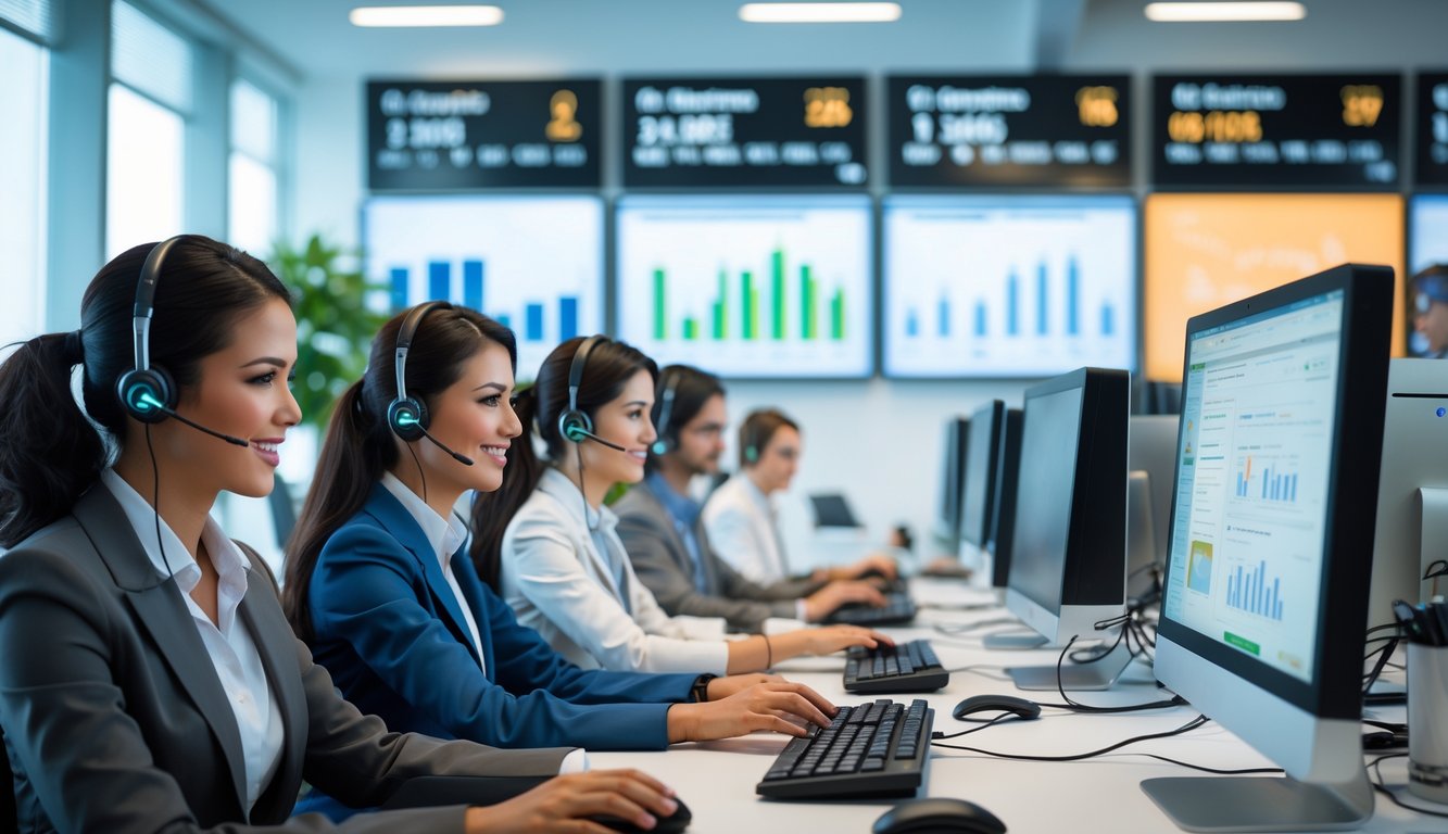 Tim layanan pelanggan profesional yang sedang bekerja di kantor modern dengan komputer dan headset, menunjukkan layanan 24 jam.
