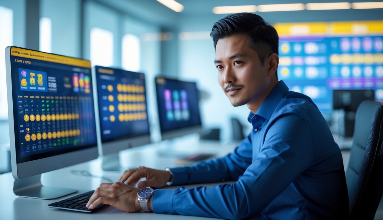 Seorang pria Asia Tenggara duduk di meja dengan beberapa layar komputer yang menampilkan grafik dan angka, terlihat fokus dan profesional di sebuah kantor modern.