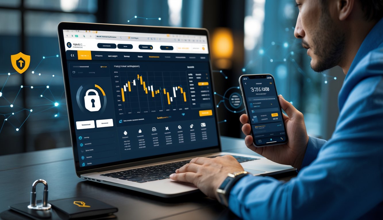 Seorang pria menggunakan laptop dan ponsel di meja kerja yang modern dengan simbol keamanan digital di latar belakang.