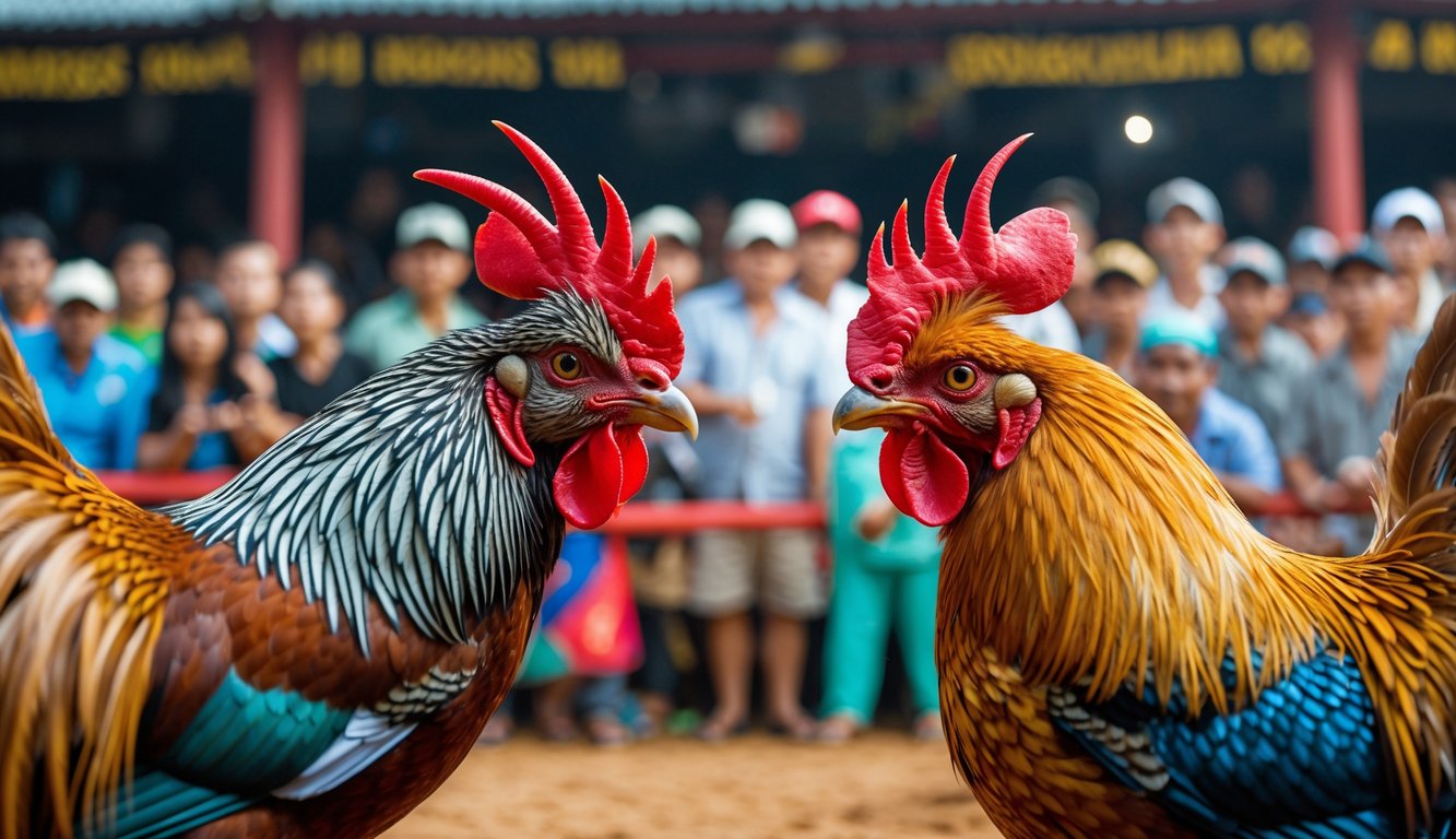 Dua ayam jago berwarna cerah di arena sabung ayam dengan penonton Indonesia yang antusias di latar belakang.