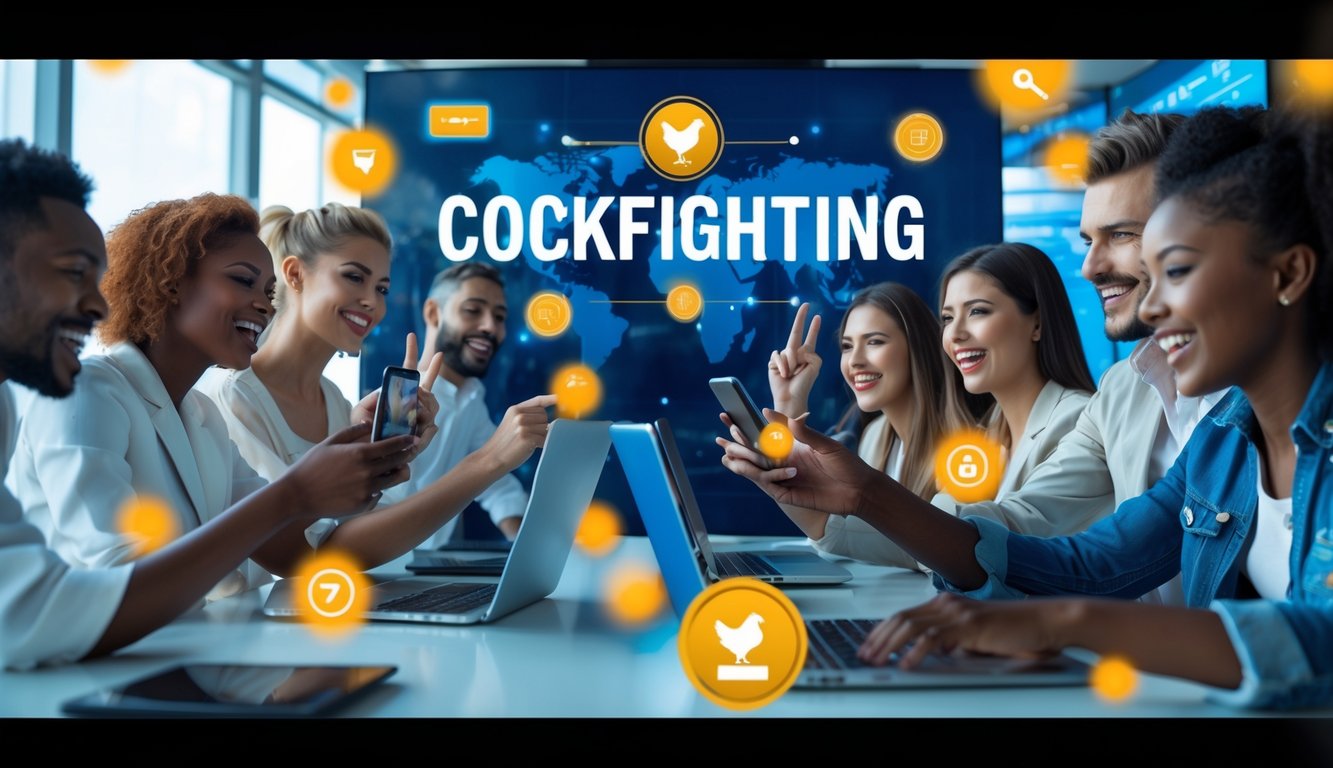 Orang-orang menggunakan perangkat digital dengan latar belakang simbol layanan online nonstop dan suasana yang dinamis.