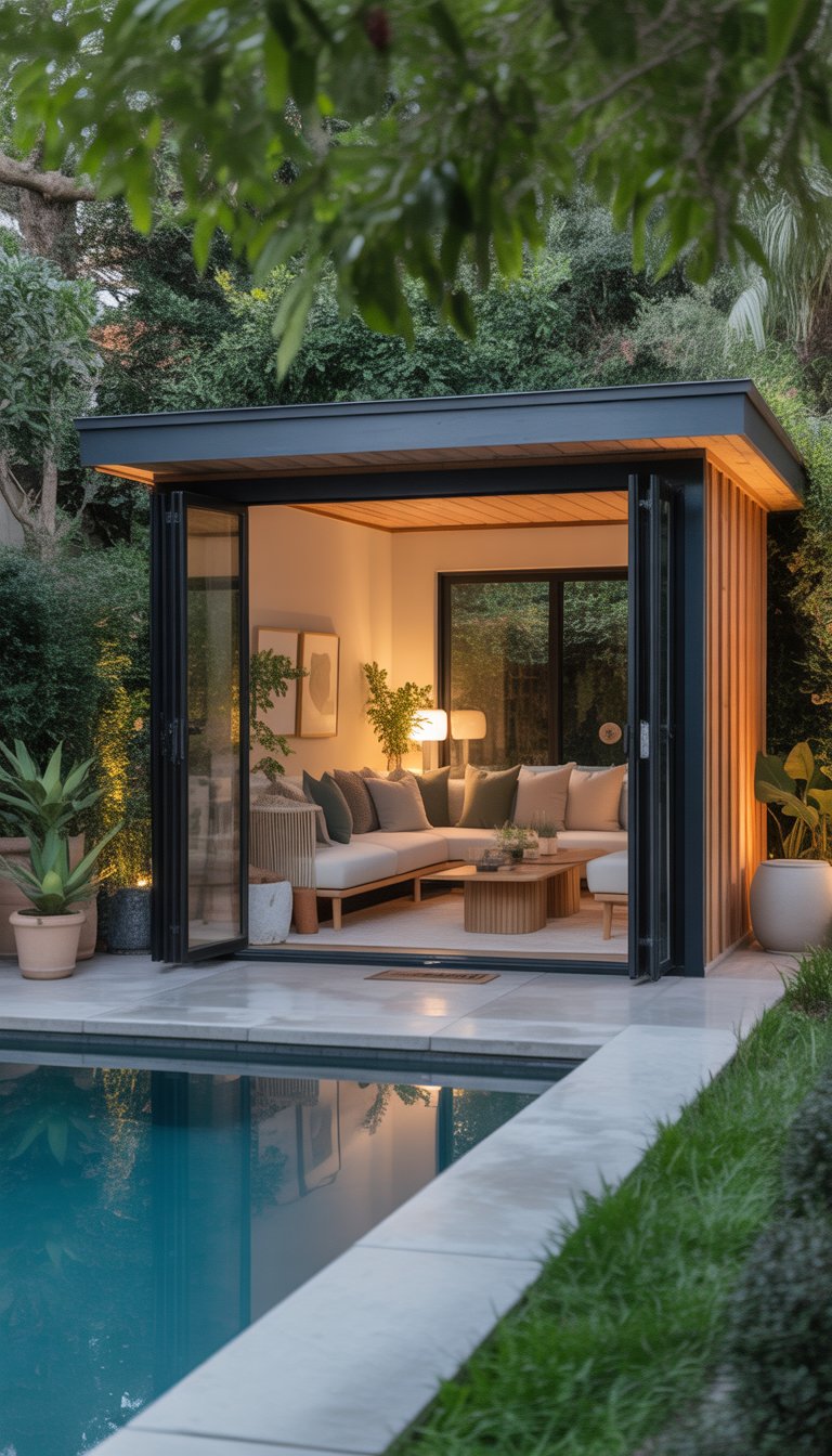 A small pool house with open glass doors connecting the indoor living area to an outdoor patio and swimming pool surrounded by plants.