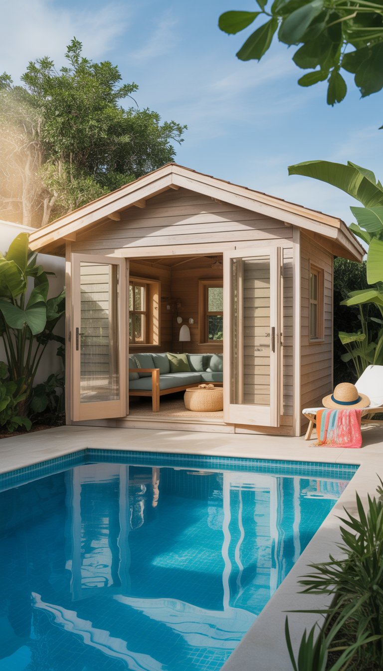 A small pool house next to a clear blue swimming pool surrounded by green plants and lounge chairs with beach accessories.