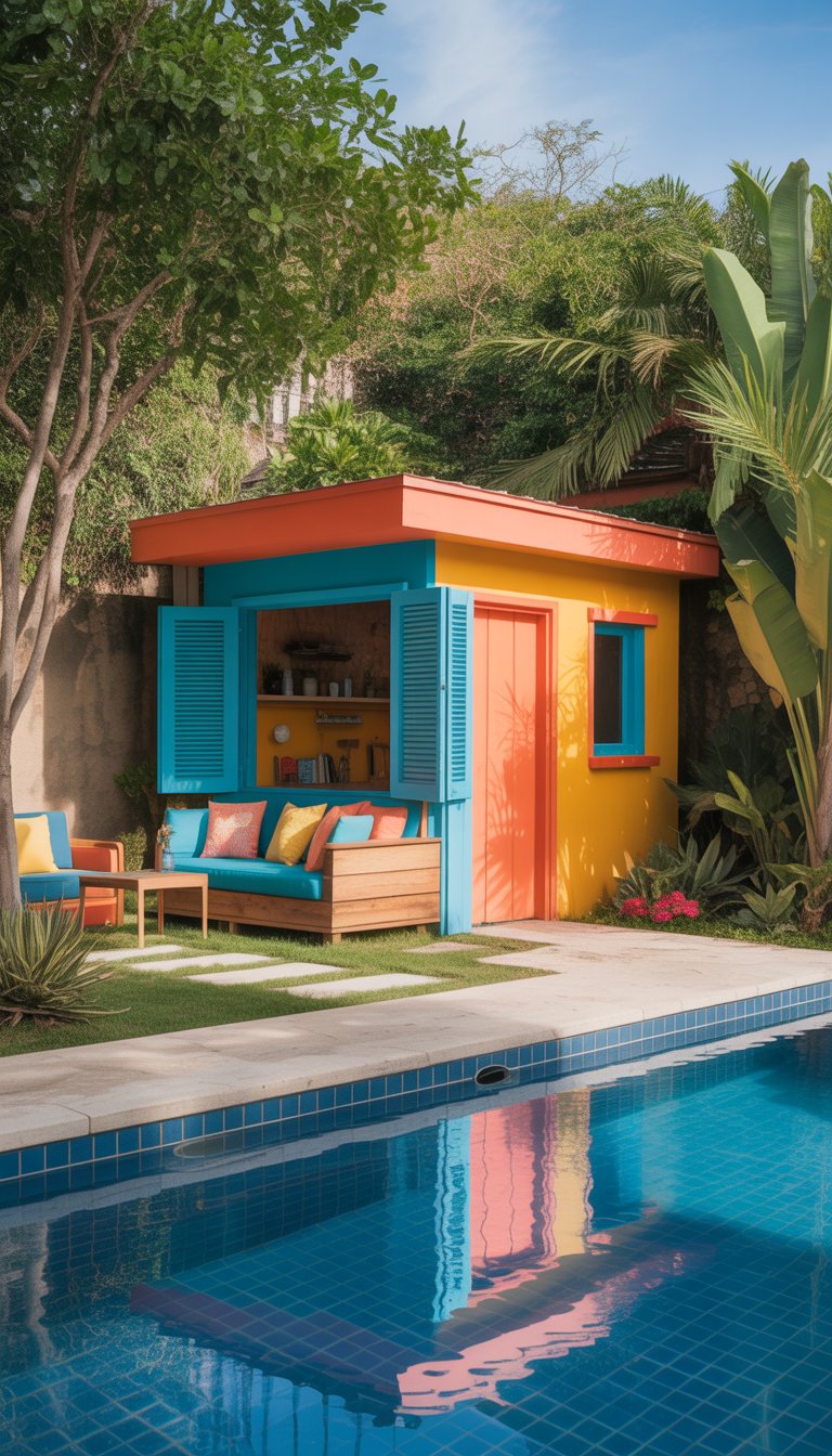 Small pool house painted in bold colors next to a clear swimming pool surrounded by greenery and outdoor seating.
