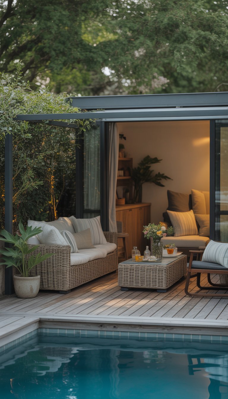 A small pool house with a cozy outdoor seating area featuring cushioned wicker furniture, surrounded by plants and greenery.