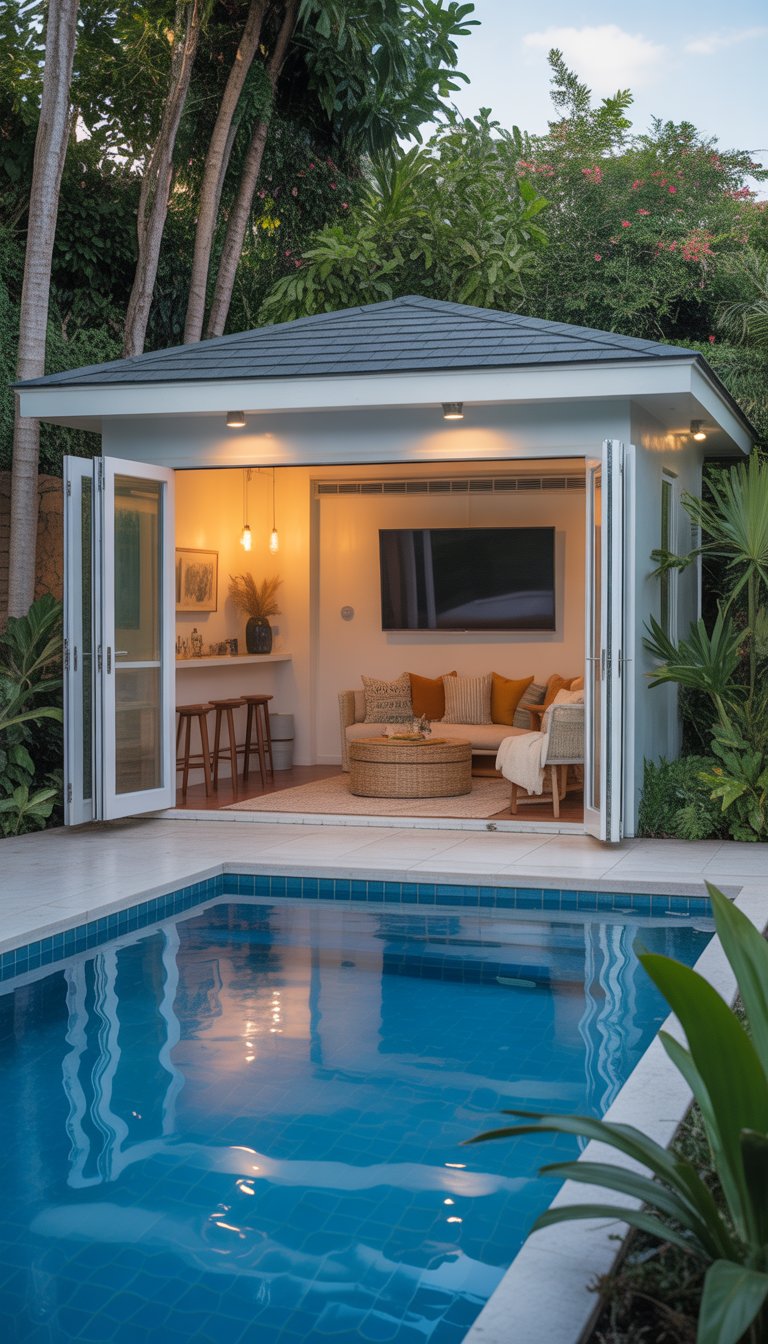 A small pool house with open glass doors showing a TV and seating area next to a clear blue swimming pool surrounded by plants.