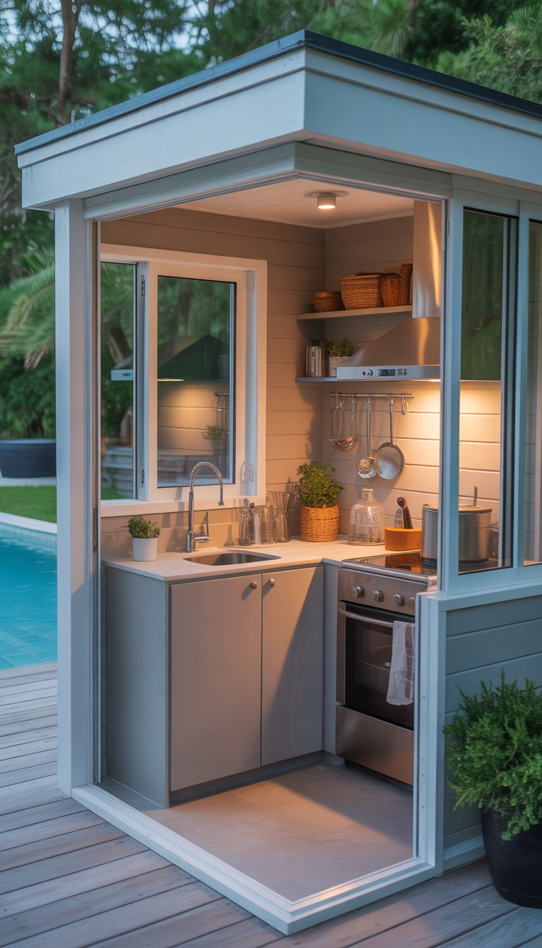 A small compact kitchen area inside a pool house with cabinets, sink, stove, and natural light coming through windows.