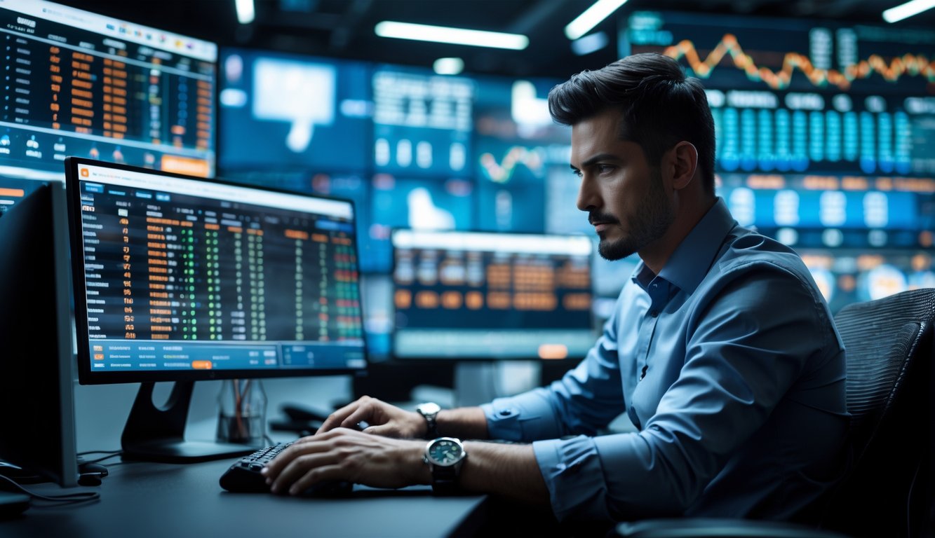 Seorang pria fokus duduk di depan beberapa layar komputer yang menampilkan data pertandingan sabung ayam di sebuah kantor taruhan modern.