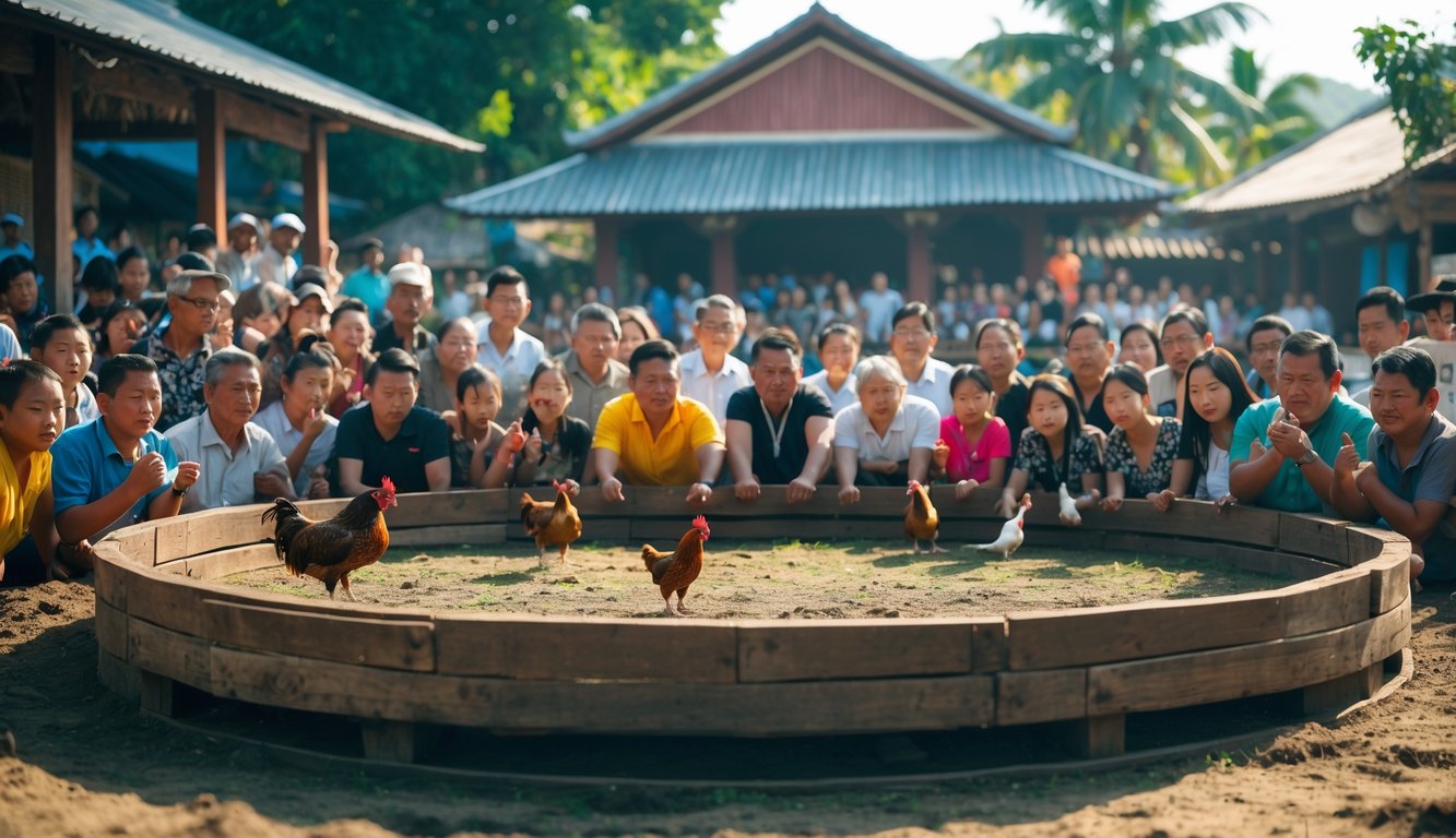 Suasana arena sabung ayam tradisional dengan penonton yang antusias mengamati pertandingan di luar ruangan.