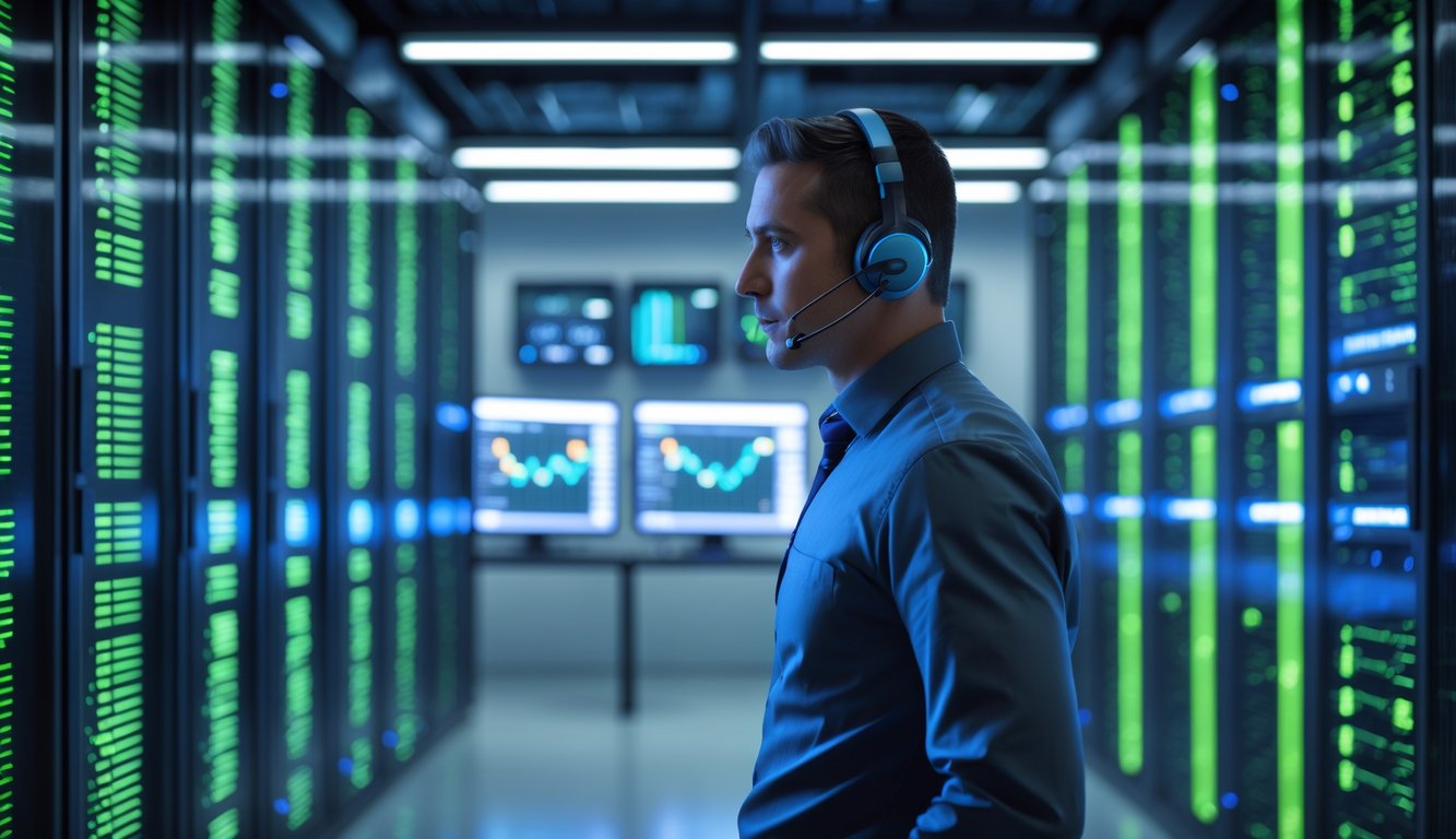 Seorang teknisi IT memantau server di ruang server yang modern dan terang dengan perangkat teknologi canggih.