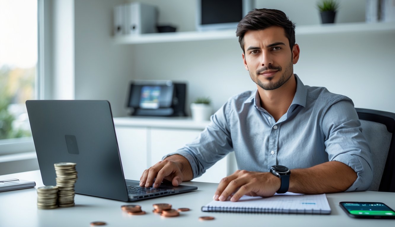Seorang pria muda duduk di meja kerja dengan laptop dan sejumlah uang di atas meja, menunjukkan suasana fokus dan siap memulai.