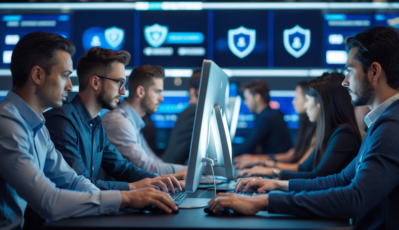 Orang-orang sedang bermain poker online di depan komputer dengan suasana yang aman dan terpercaya.