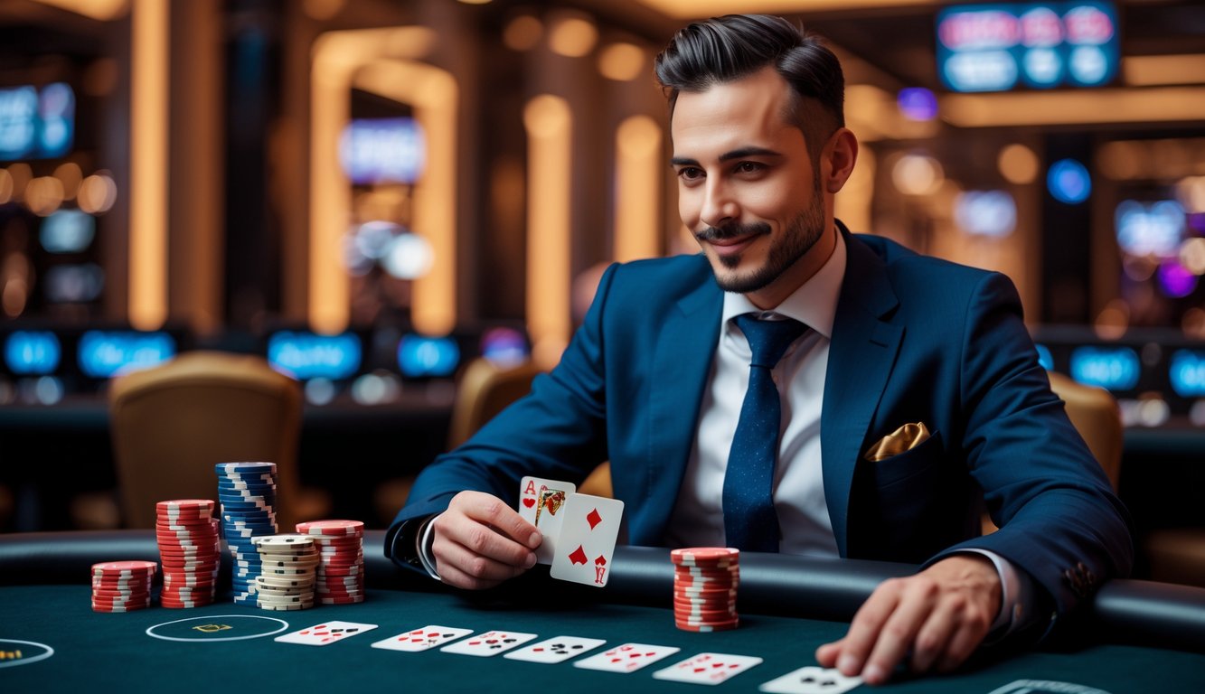 Seorang pria percaya diri duduk di meja poker dengan kartu di tangan dan tumpukan chip di depan, di dalam suasana kasino mewah.