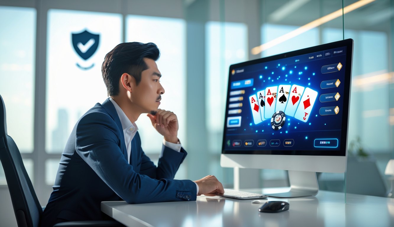 Seorang pria Asia duduk di depan komputer dengan tampilan permainan poker online di layar dalam ruangan kantor yang terang dan rapi.