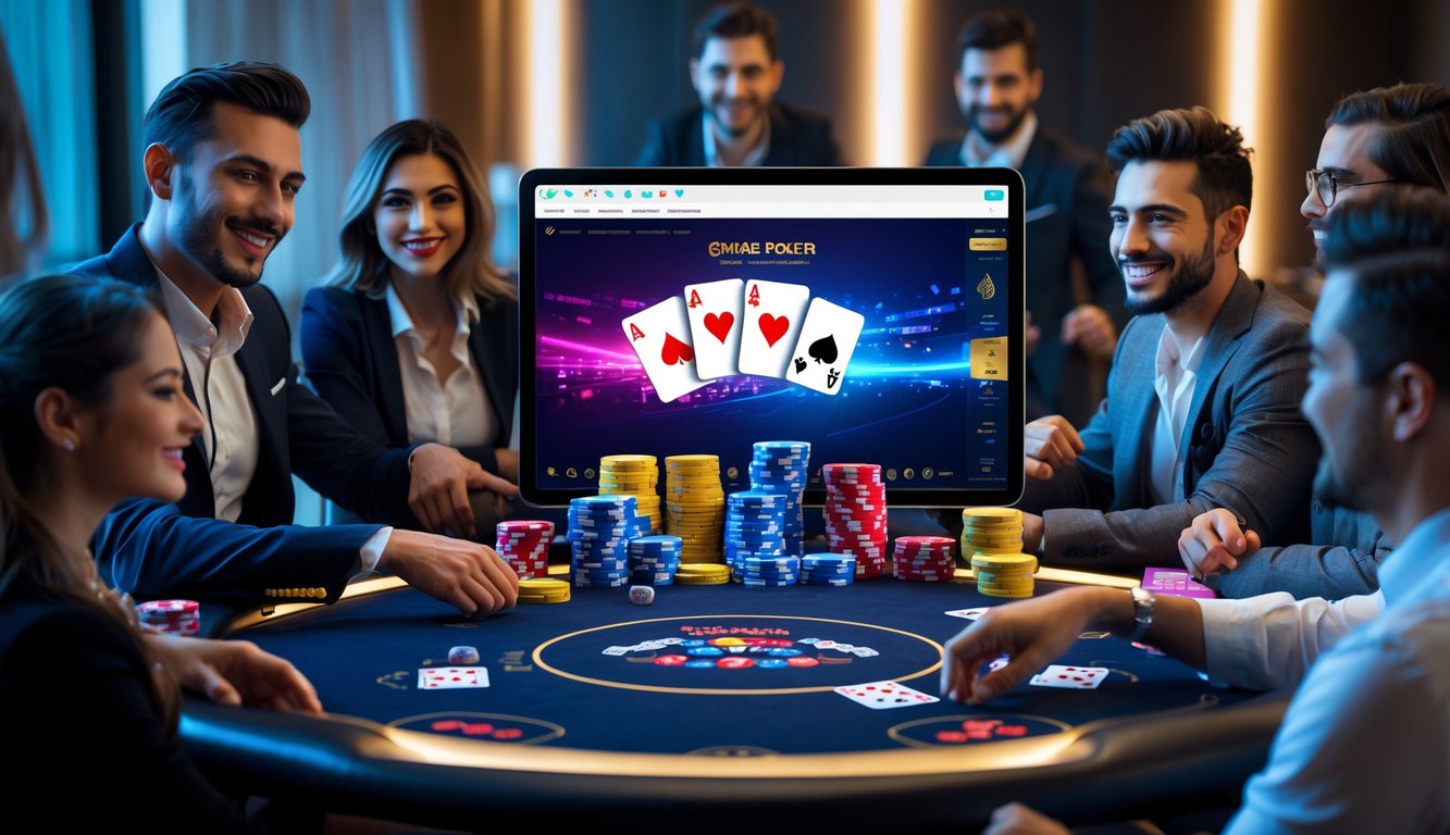 Beberapa orang bermain poker online dengan perangkat digital di ruangan modern yang nyaman.