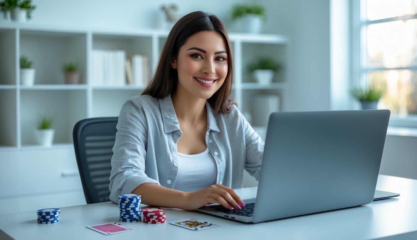 Seorang wanita muda duduk di meja kerja dengan laptop dan chip poker di atas meja, tersenyum di ruangan terang dan rapi.