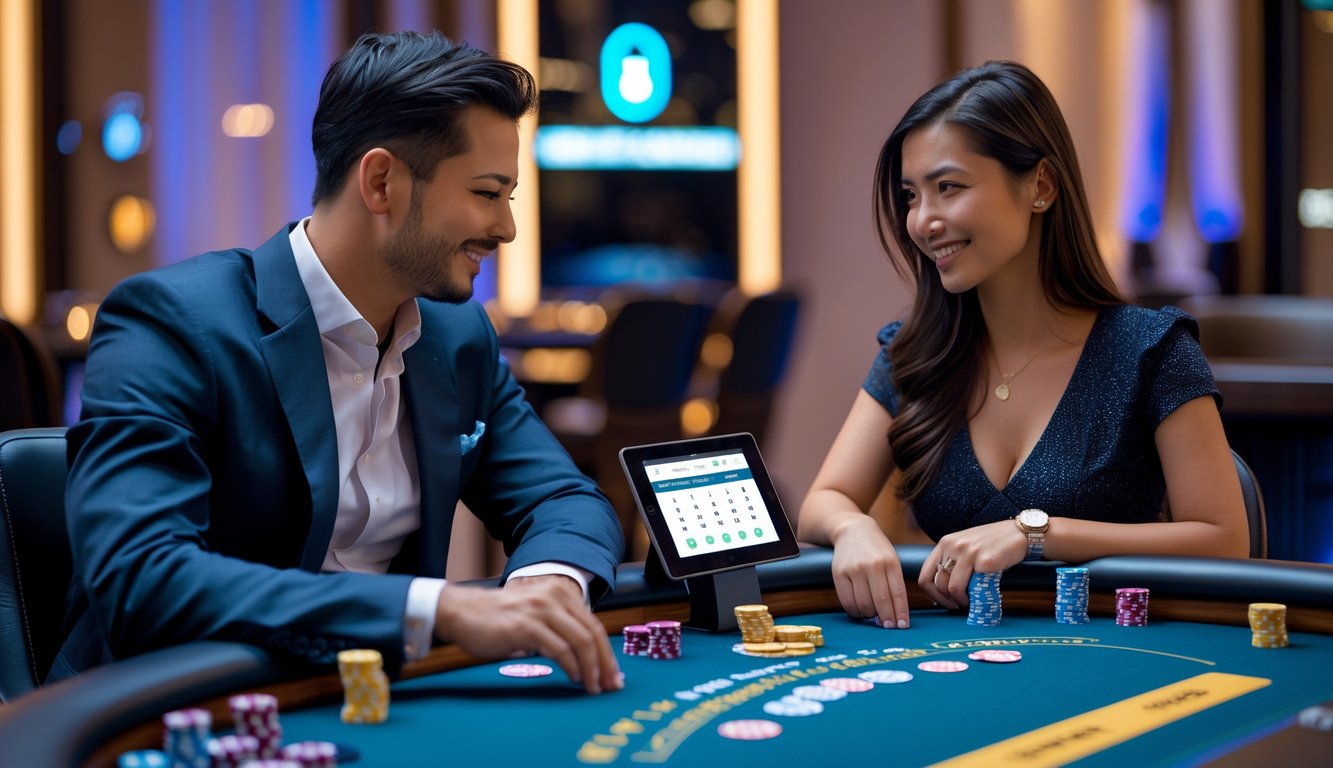 Seorang pria dan wanita bermain poker di meja kasino yang modern dan terang dengan ekspresi fokus dan suasana yang aman.