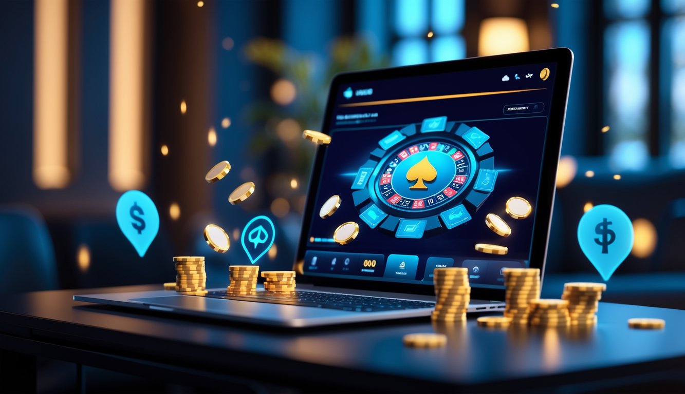 Seseorang sedang bermain poker online dengan komputer di meja yang rapi, menampilkan suasana nyaman dan profesional.