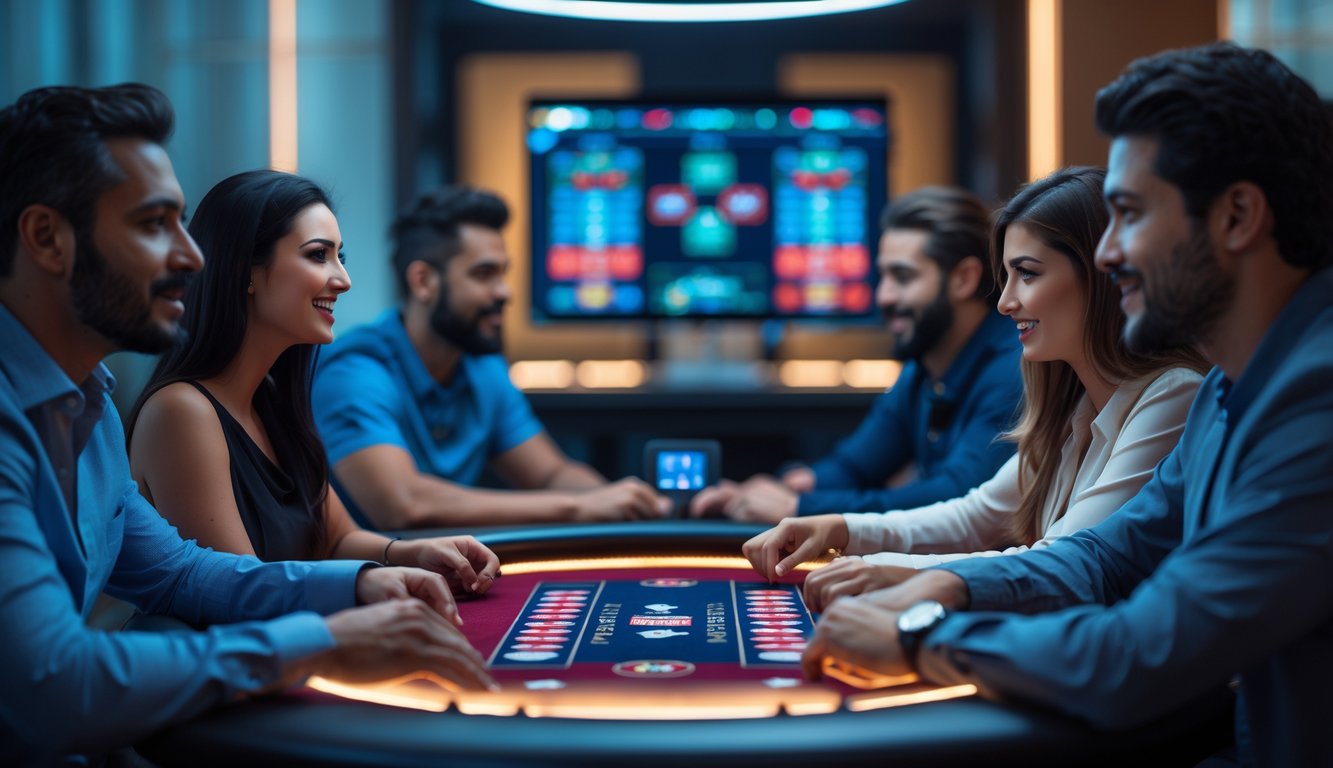 Beberapa orang dewasa bermain poker online di meja digital dengan kartu dan chip poker di layar komputer.