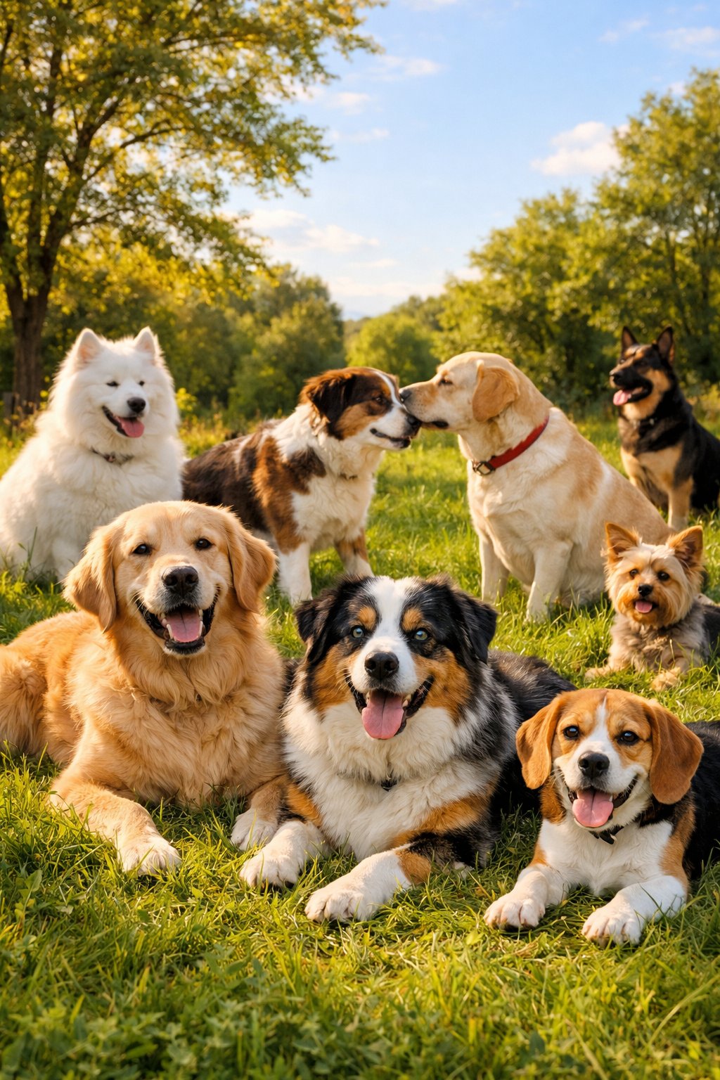 Several dogs of different breeds playing and resting on grass in a sunny outdoor park.