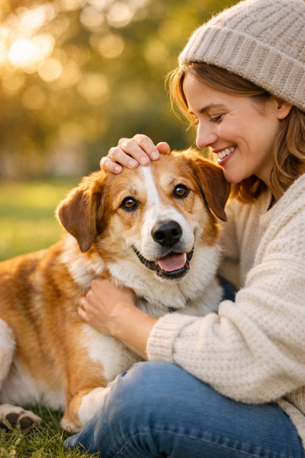A person warmly interacting with a friendly dog outdoors in a sunlit park.