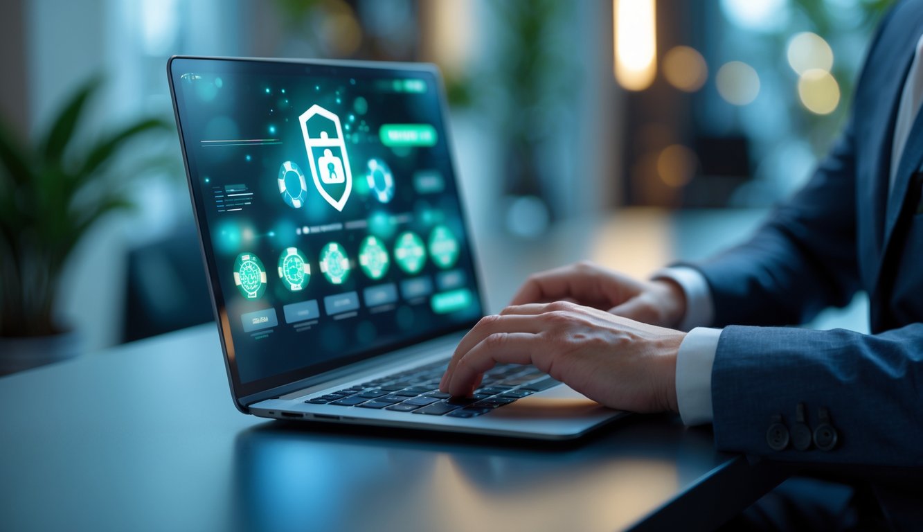 Seseorang yang percaya diri menggunakan laptop di ruang kerja modern dengan suasana tenang, menunjukkan lingkungan kasino online yang aman dan terpercaya.