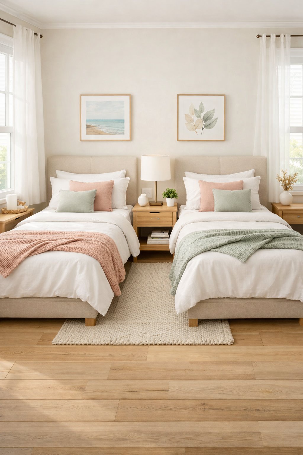 A twin bedroom with two beds separated by a nightstand, natural light coming through windows, and simple decor.