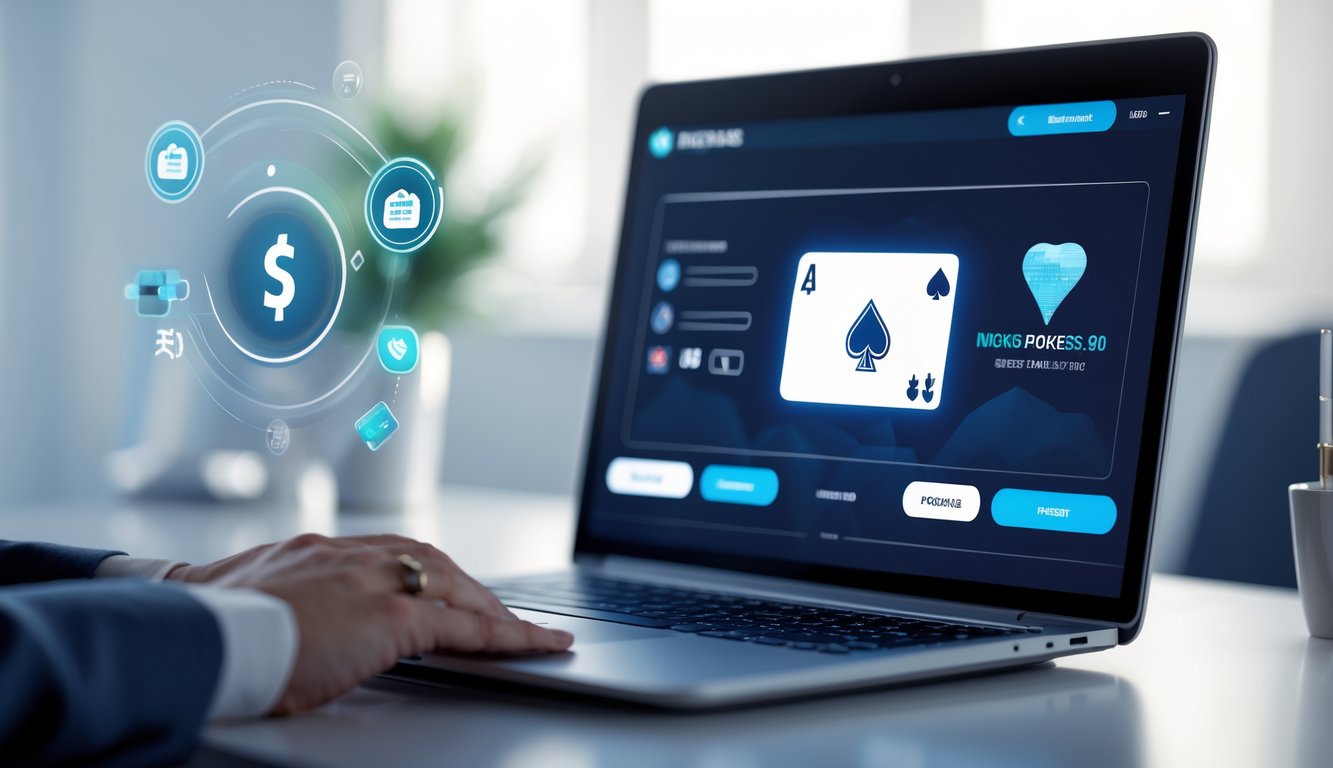 Suasana ruang kerja modern dengan laptop yang menampilkan permainan poker online dan ikon pembayaran digital di sekitarnya.