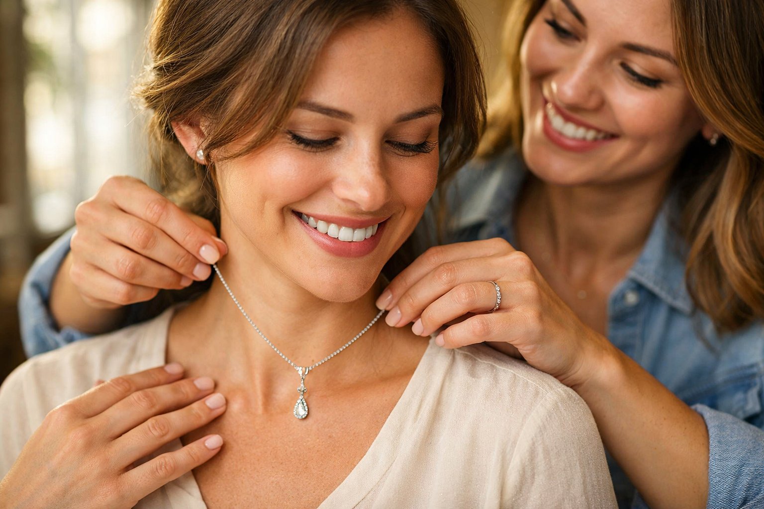 Two friends sharing a warm moment as one places a necklace around the other's neck, both smiling.