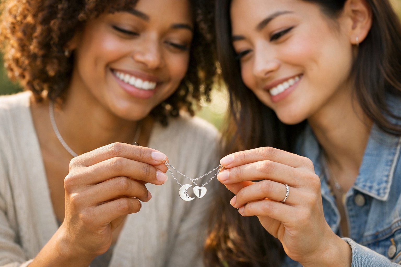 Two young women smiling and exchanging matching friendship necklaces outdoors.