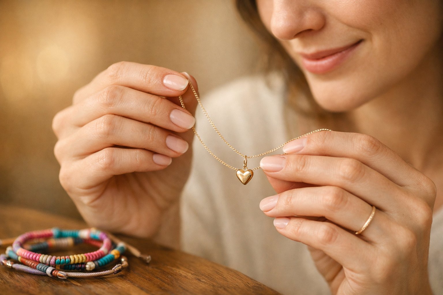 A woman holding a delicate gold heart-shaped necklace with friendship bracelets on a table nearby.
