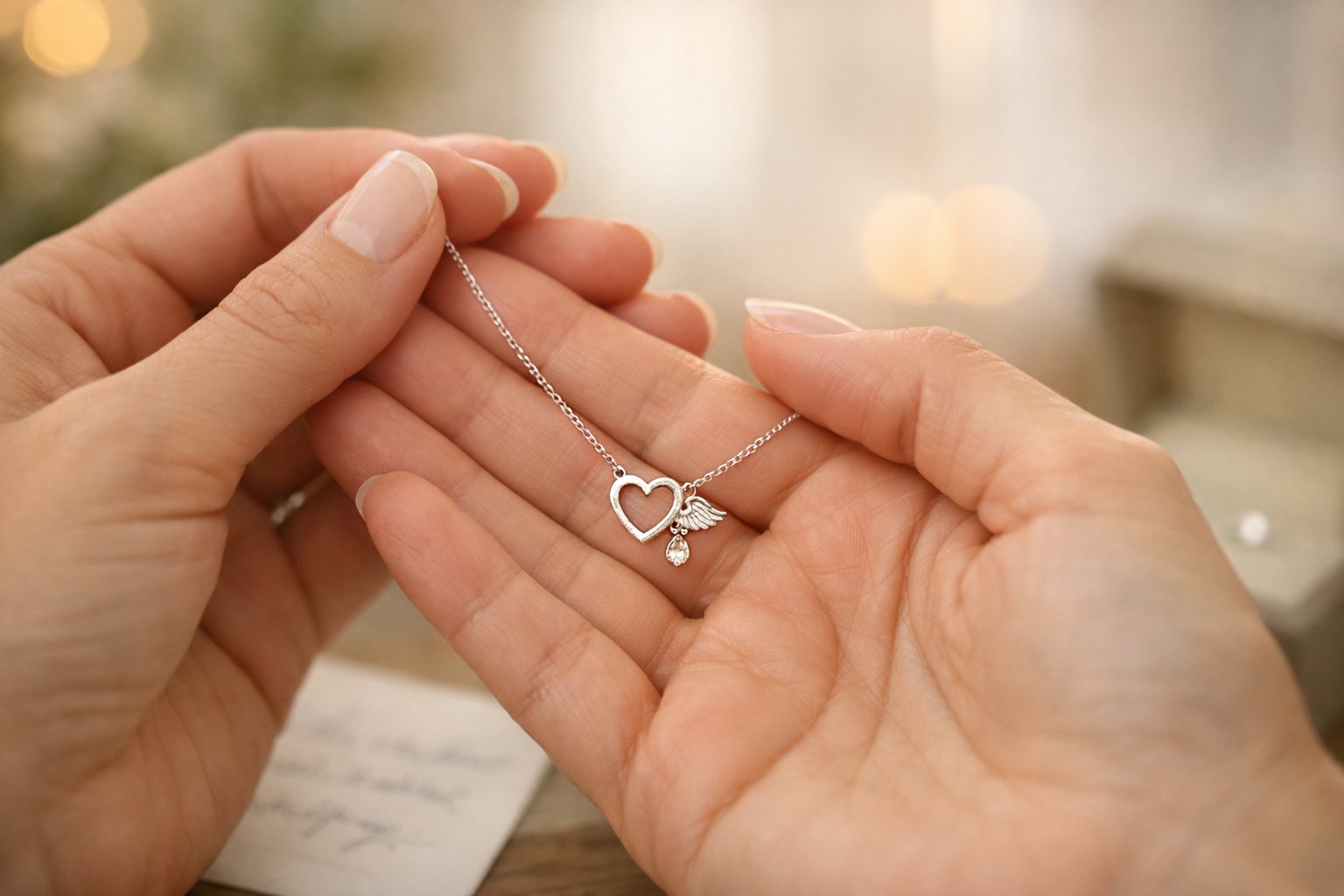 A woman holding a delicate necklace with a small pendant in her hands, with a softly blurred warm background.