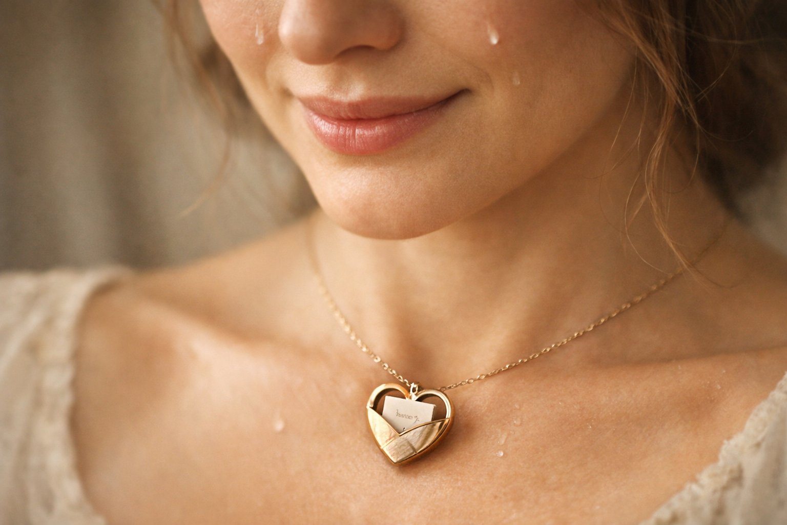 Close-up of a woman with tears in her eyes wearing a heart-shaped message card necklace.