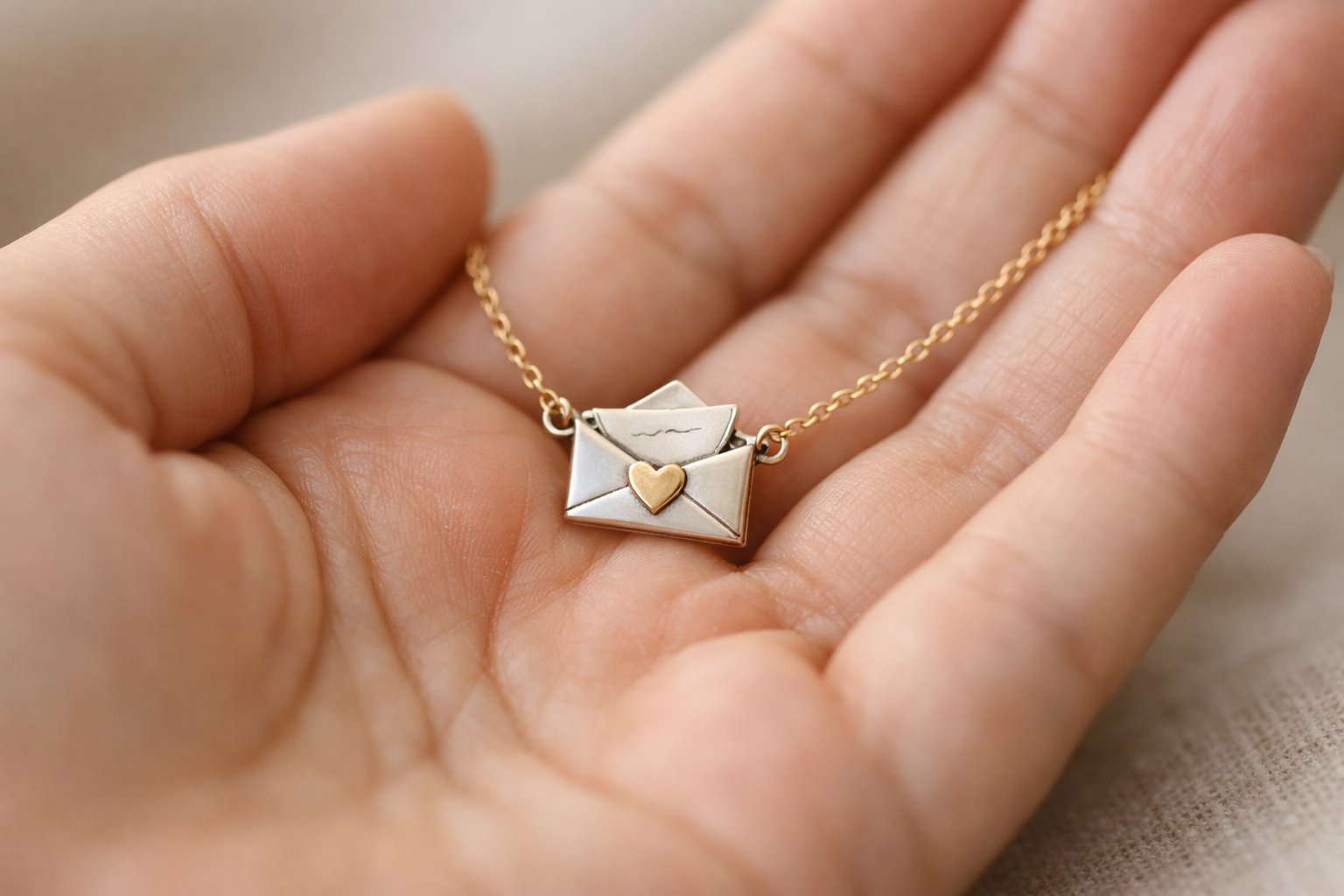 A close-up of a hand holding a delicate necklace with a small message card pendant.