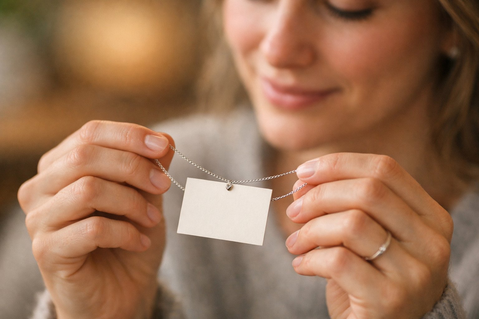 A person holding a delicate necklace with a small card attached, showing a tender emotional moment.