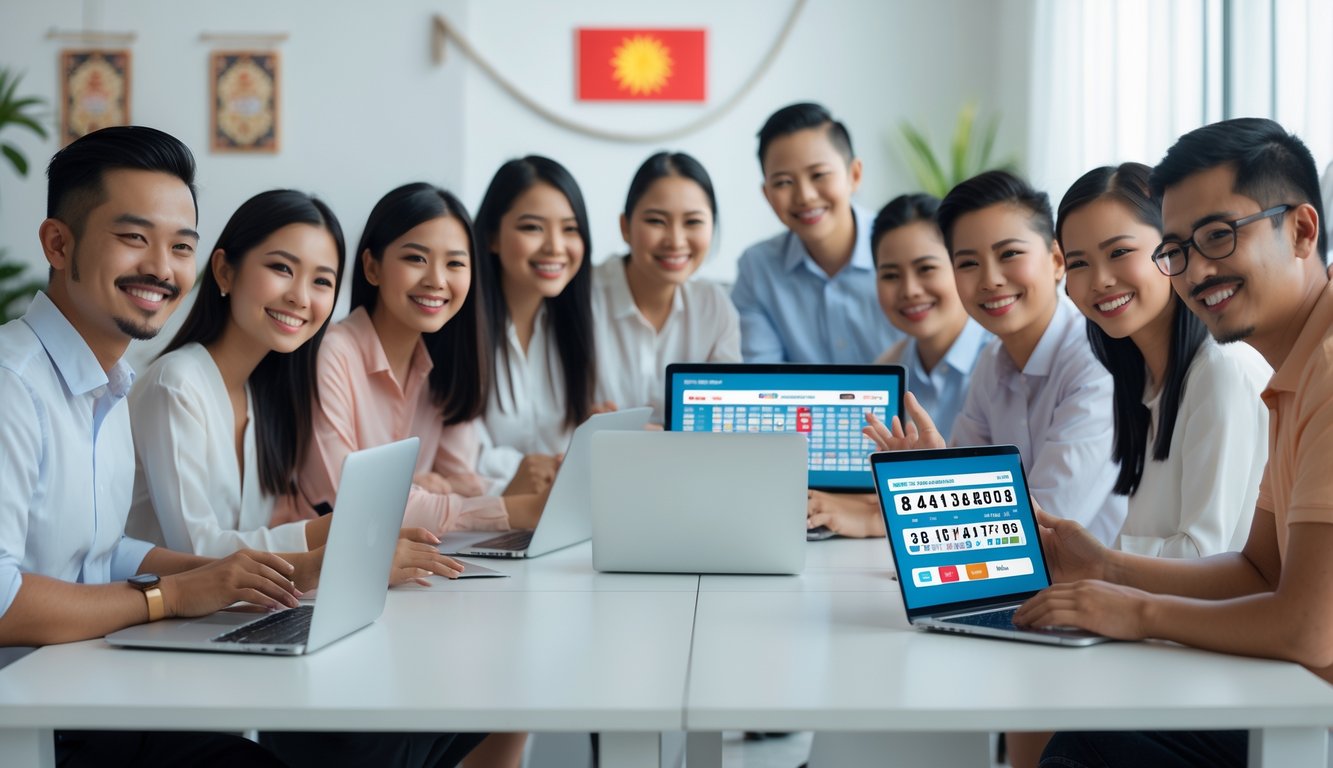 Orang-orang menggunakan laptop dan ponsel di kantor modern dengan suasana cerah, menunjukkan aktivitas platform togel online terpercaya di Indonesia.