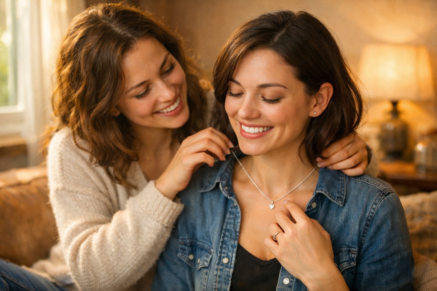 Two best friends sharing a heartfelt moment as one gives the other a meaningful necklace, both smiling warmly.