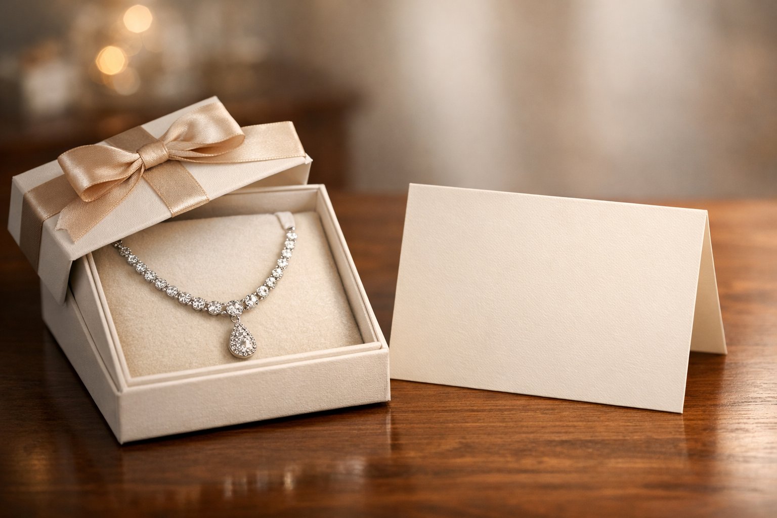 A close-up of an open jewelry box with a necklace inside and a blank message card placed beside it on a wooden surface.